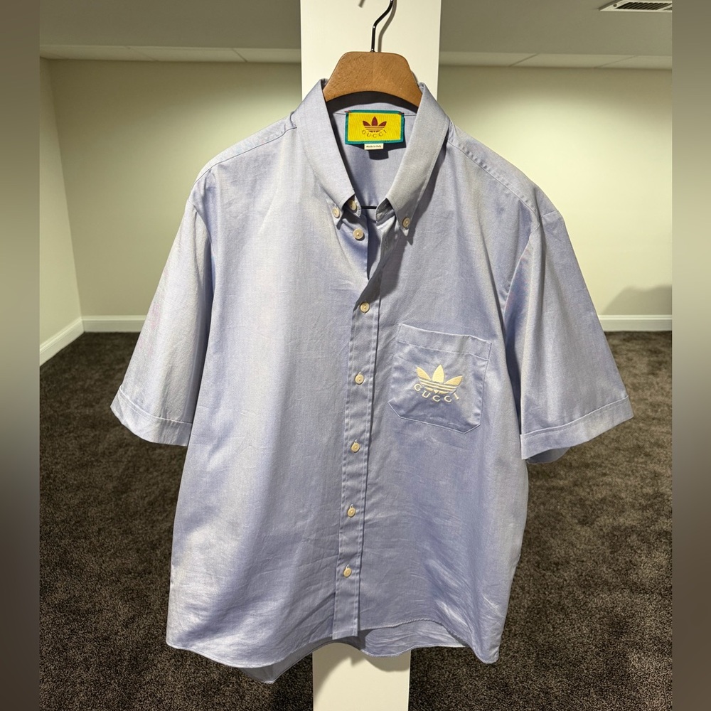 Gucci x Adidas Light Blue / Gray Logo Oxford Button Up Shirt